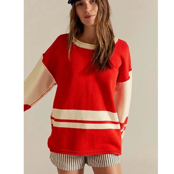 Free People Sweaters - Free People Red and Cream Stripe Pullover Sweater